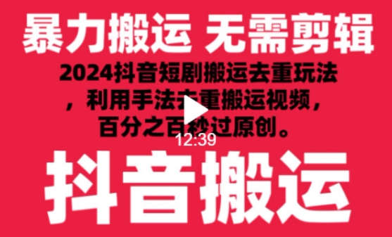 2024最新抖音搬运技术，抖音短剧视频去重，手法搬运，利用工具去重，达到秒过原创的效果-网创资源库