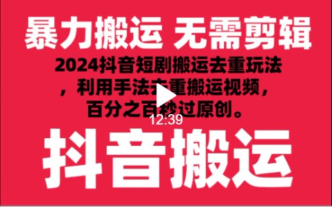 2024最新抖音搬运技术，抖音短剧视频去重，手法搬运，利用工具去重，秒过原创！-网创资源库