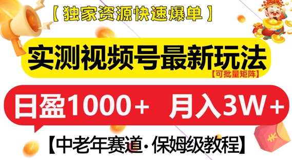 实测视频号最新玩法，中老年赛道，独家资源，月入过W+【揭秘】-网创资源库
