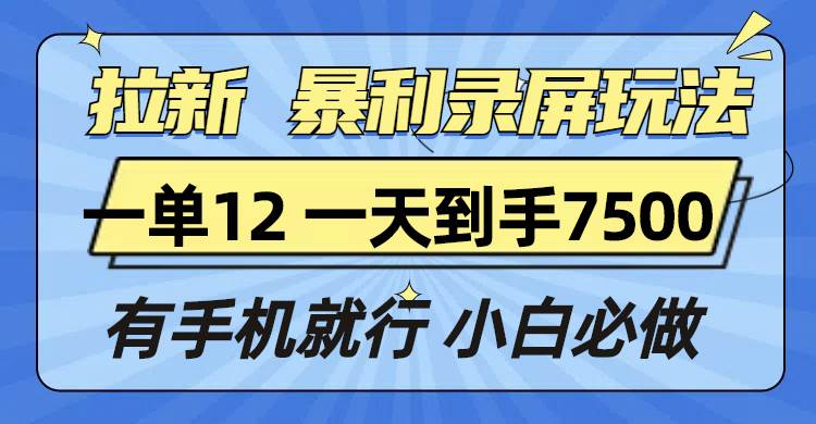 拉新暴利录屏玩法，一单12块，一天到手7500，有手机就行-网创资源库