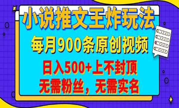 小说推文王炸玩法，一键代发，每月最多领900条原创视频，播放量收益日入5张-网创资源库