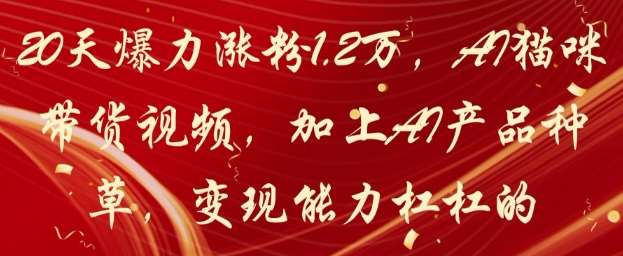 20天爆力涨粉1.2W，AI猫咪带货视频，加上AI产品种草，变现能力杠杠的-网创资源库
