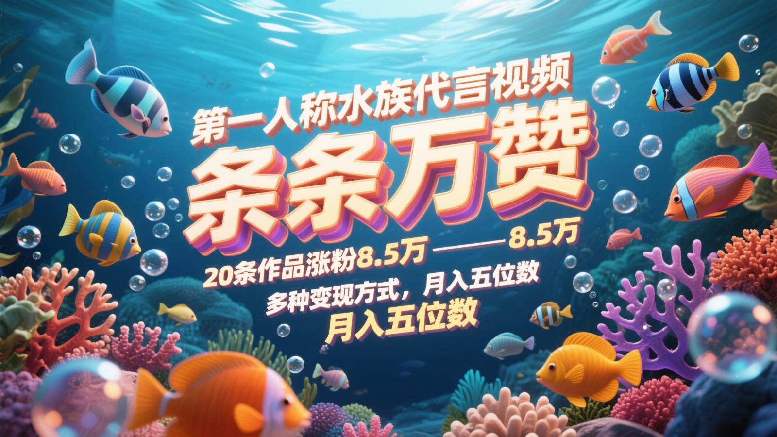 第一人称水族代言视频，条条万赞，20条作品涨粉8.5万，多种变现方式月，入五位数-网创资源库