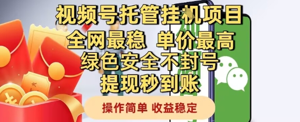 视频号托管挂G项目全网最稳，单价最高，绿色安全不封号提现秒到账，操作简单，收益稳定【揭秘】-网创资源库