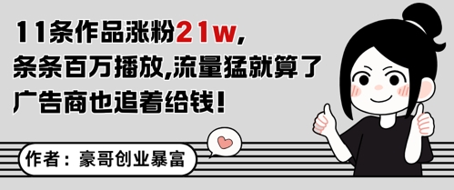 11条作品涨粉21W，条条百W播放，流量猛就算了，广告商也追着给钱-网创资源库
