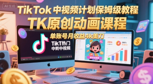 TikTok中视频计划保姆级教程，TK原创动画课程，单账号月收益4k美刀-网创资源库
