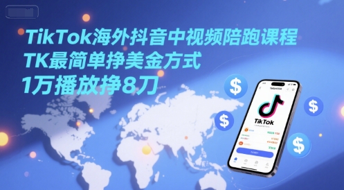TikTok海外抖音中视频陪跑课程，TK最简单挣美金方式，1万播放挣8刀-网创资源库