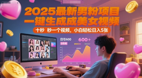2025最新男粉项目，一键生成美女视频，日引600+色粉 十秒一个视频，小白轻松日入5张【揭秘】-网创资源库