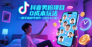 抖音男粉项目0成本玩法，一部手机即可操作，日均4张+，时间自由-网创资源库