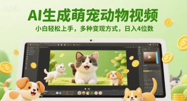 AI生成萌宠动物视频，小白轻松上手，多种变现方式，日入4位数-网创资源库