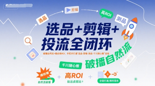 选品+剪辑+投流全闭环，破播自然流+撬动高ROI，手把手打通“选品-剪辑-测品-千川随心推”全链-网创资源库