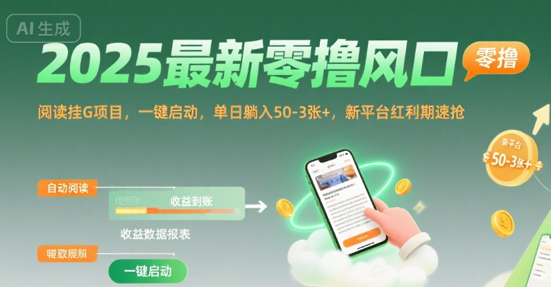 2025最新零撸风口，阅读挂G项目，一键启动，单日躺入 50-3张+，新平台红利期速抢【揭秘】-网创资源库