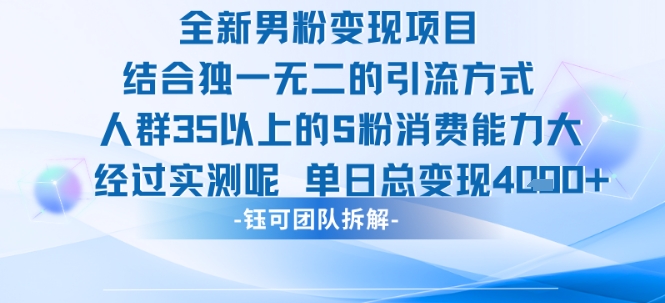 全新男粉变现项目引流人群35以上的男粉消费能力大 经过实测单日变现1k+-网创资源库