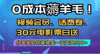 0成本薅羊毛!视频会员、话费卷、30元电影票白送，分享我如何靠转卖一天变现5张+【揭秘】-网创资源库