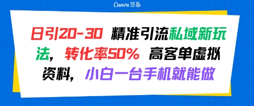 日引 20-30 精准引流私域新玩法，转化率50% 高客单虚拟资料，小白一台手机就能做-网创资源库