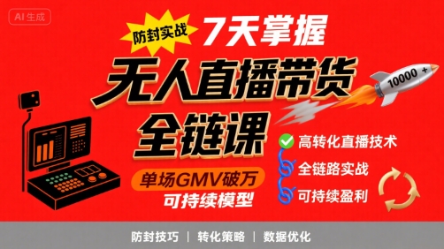 无人直播带货全链防封实战课，7天掌握高转化直播技术，实现单场GMV破万可持续模型-网创资源库