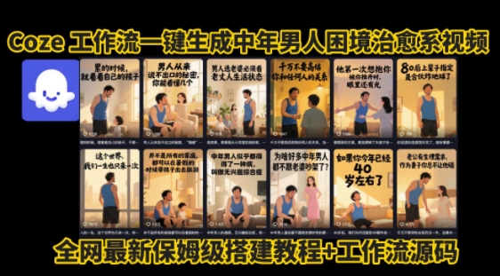 coze工作流一键生成”中年男人困境扎心高涨粉高播放量图文视频”保姆级拆解教程，无需剪辑，无需拍摄写文案-网创资源库