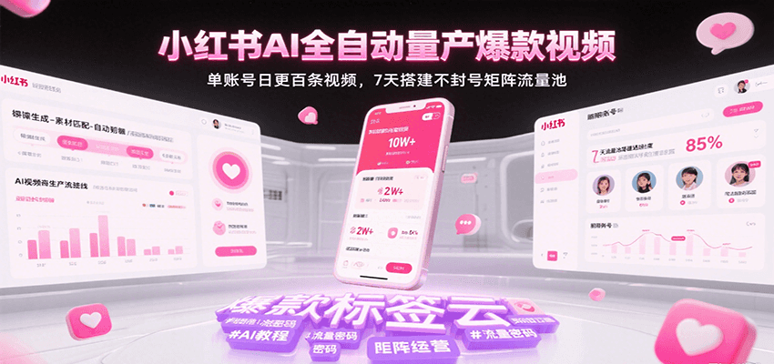 小红书AI全自动量产爆款视频，单账号日更百条视频，7天搭建不封号矩阵流量池-网创资源库