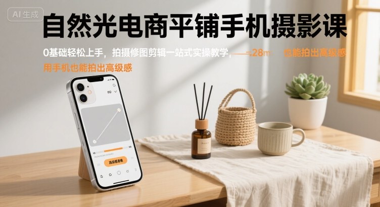 自然光电商平铺手机摄影课，0基础轻松上手，拍摄修图剪辑一站式实操教学，用手机也能拍出高级感-网创资源库