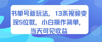书单号新玩法，13条视频变现5位数，小白操作简单，当天可见收益-网创资源库