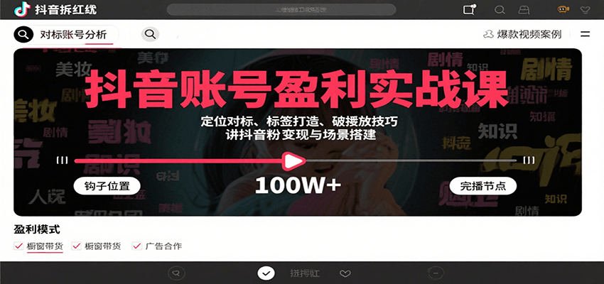 抖音账号盈利实战课，定位对标、标签打造、破播放技巧，讲涨粉变现与场景搭建-网创资源库