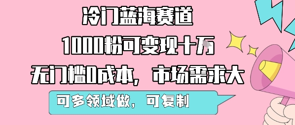 冷门蓝海赛道，1000粉可变现十W，无门槛0成本，市场需求大，可多领域做，可复制性强-网创资源库