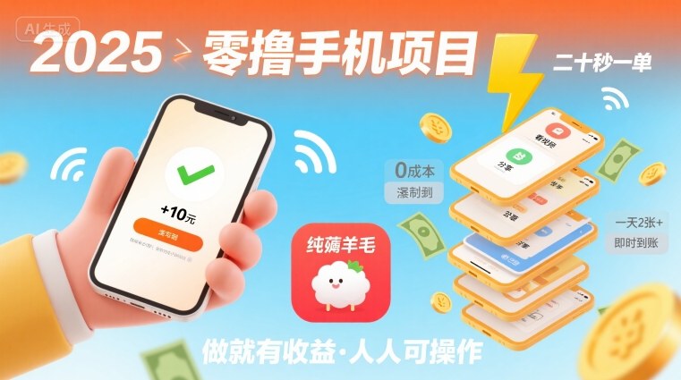 2025年零撸手机项目，二十秒一单，纯薅羊毛 一天2张+做就有-网创资源库