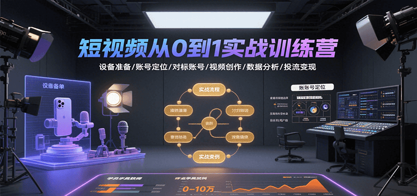 短视频从0到1实战训练营：设备准备/账号定位/对标账号/视频创作/数据分析/投流变现-网创资源库