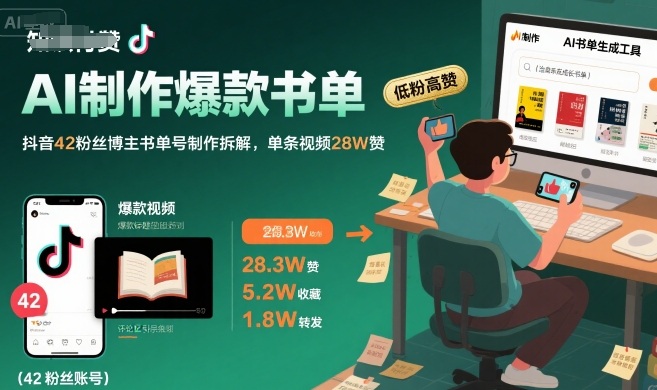 AI制作爆款书单，抖音42粉丝博主书单号制作拆解，单条视频28W赞-网创资源库