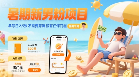 暑期新男粉项目 单号日入5张 不需要剪辑  没有任何门槛-网创资源库