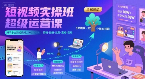 短视频实操班超级运营课，新手小白到短视频大神必修课程，剪辑-拍摄-运营-直播-变现-网创资源库